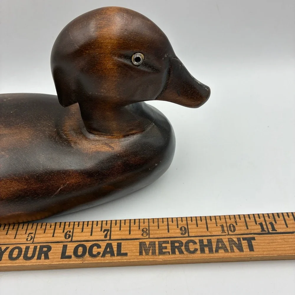 Vintage Hand Carved Solid Wood Duck Decoy Dark Stain Rustic Cabin Decor 11.5in